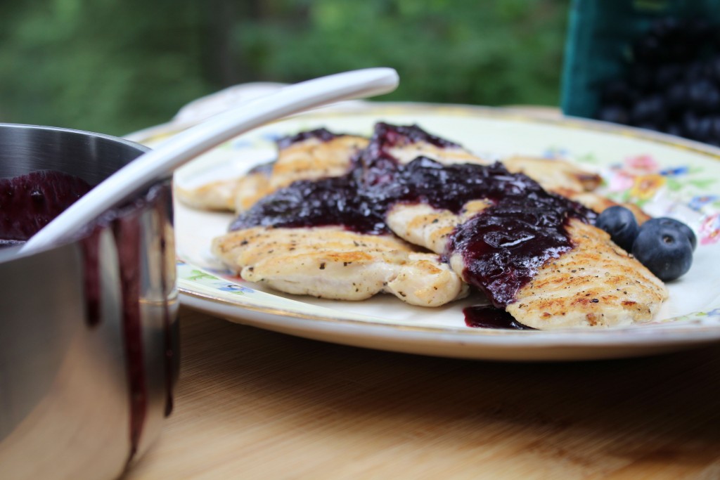 Spicy and sweet blueberry barbeque sauce over grilled chicken.